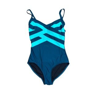 Womens One Piece Swimsuit Teal Blue Bathing Suit Modest Full Coverage Colorblock